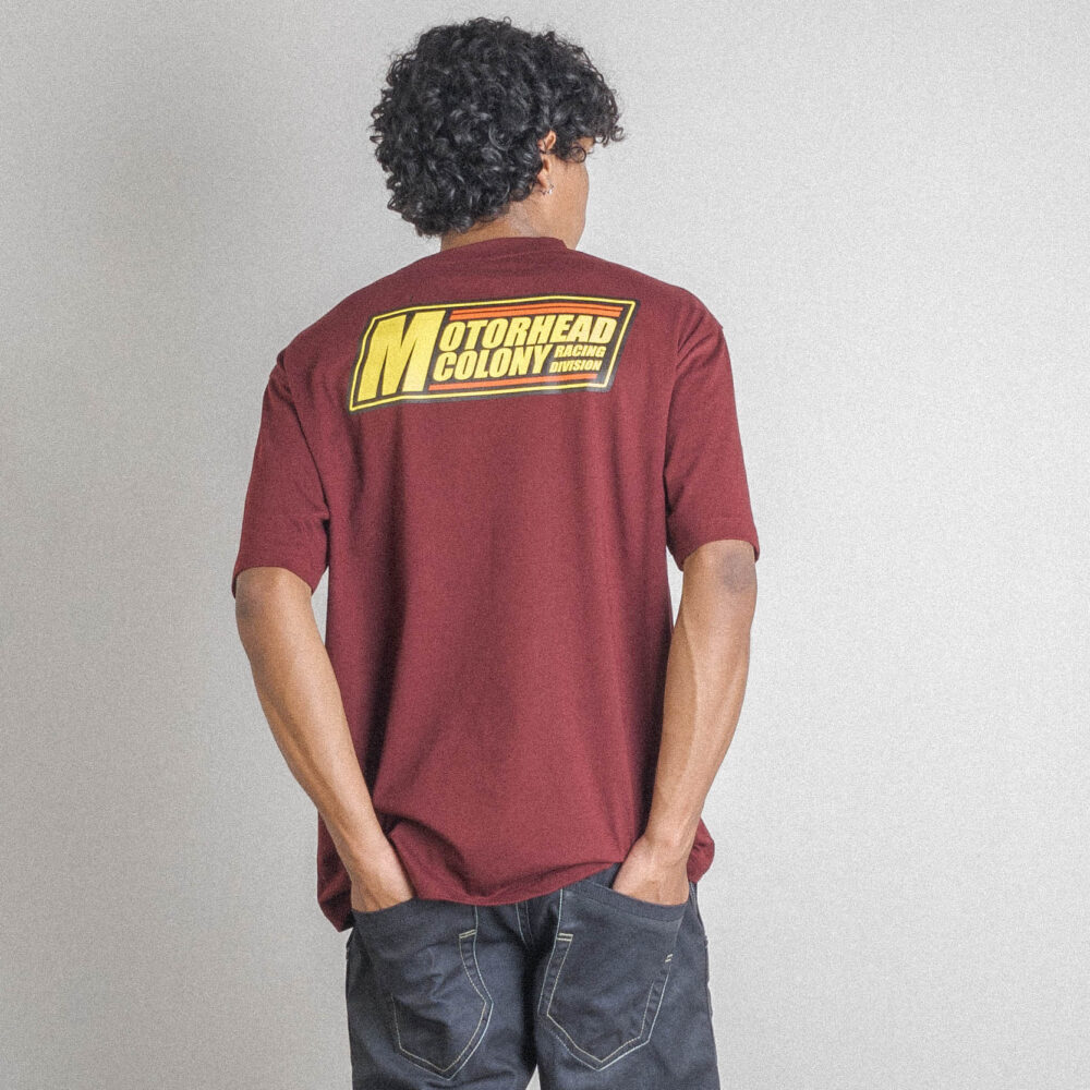 motorsport maroon tee on model