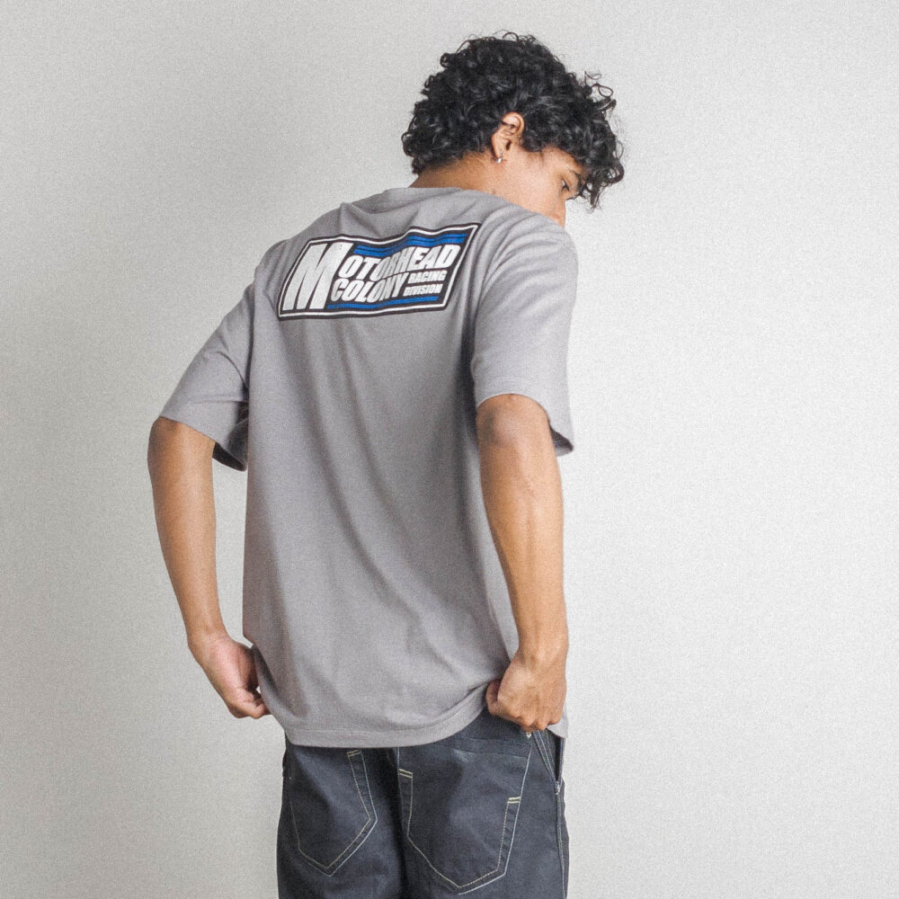 motorsport grey tee back on model