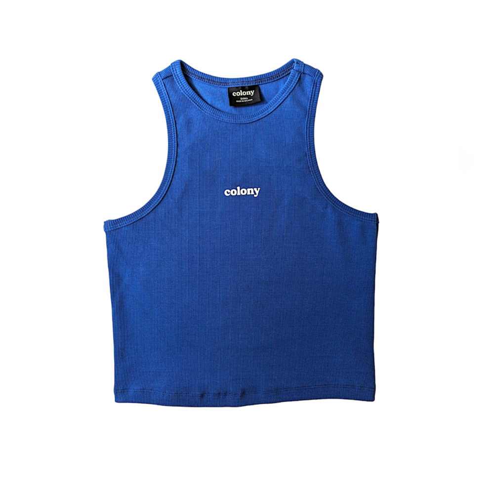 Womens Ribbed Tank Top Cobalt Blue with logo